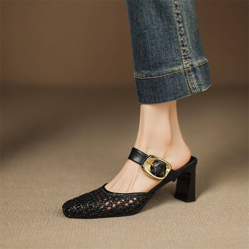 Woven Leather Block-Heel Sandals