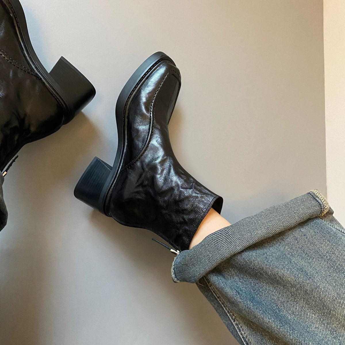 Square-Toe Leather Ankle Boots