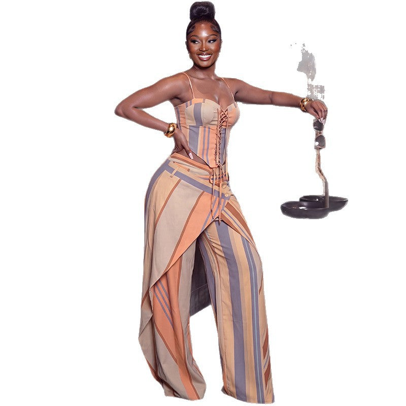 Striped Lace-Up Cami & Wide-Leg Pants Set