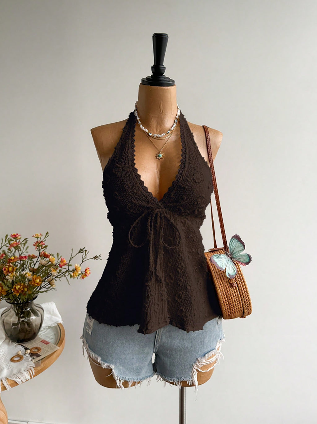 Textured Lace Trim Halter Top