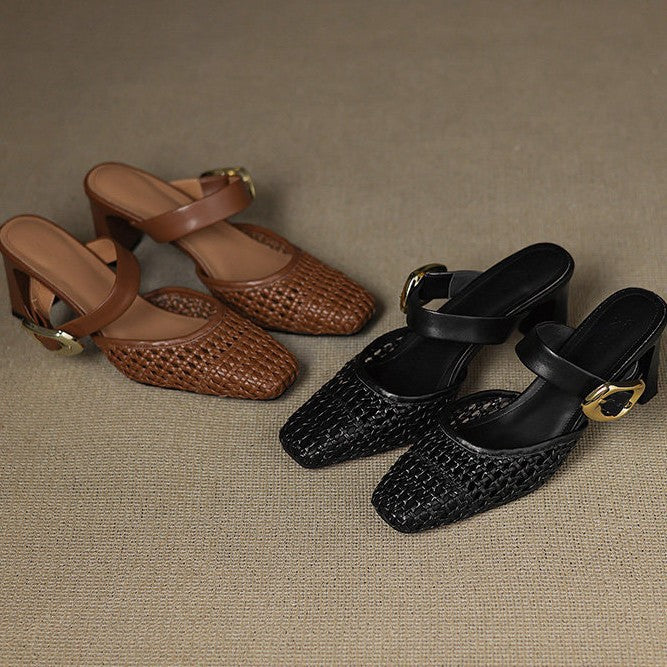 Woven Leather Block-Heel Sandals