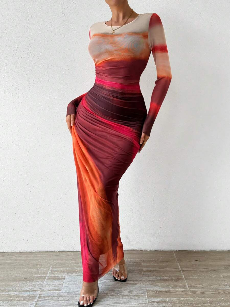Elegant Printed Mesh Ruched Maxi Dress