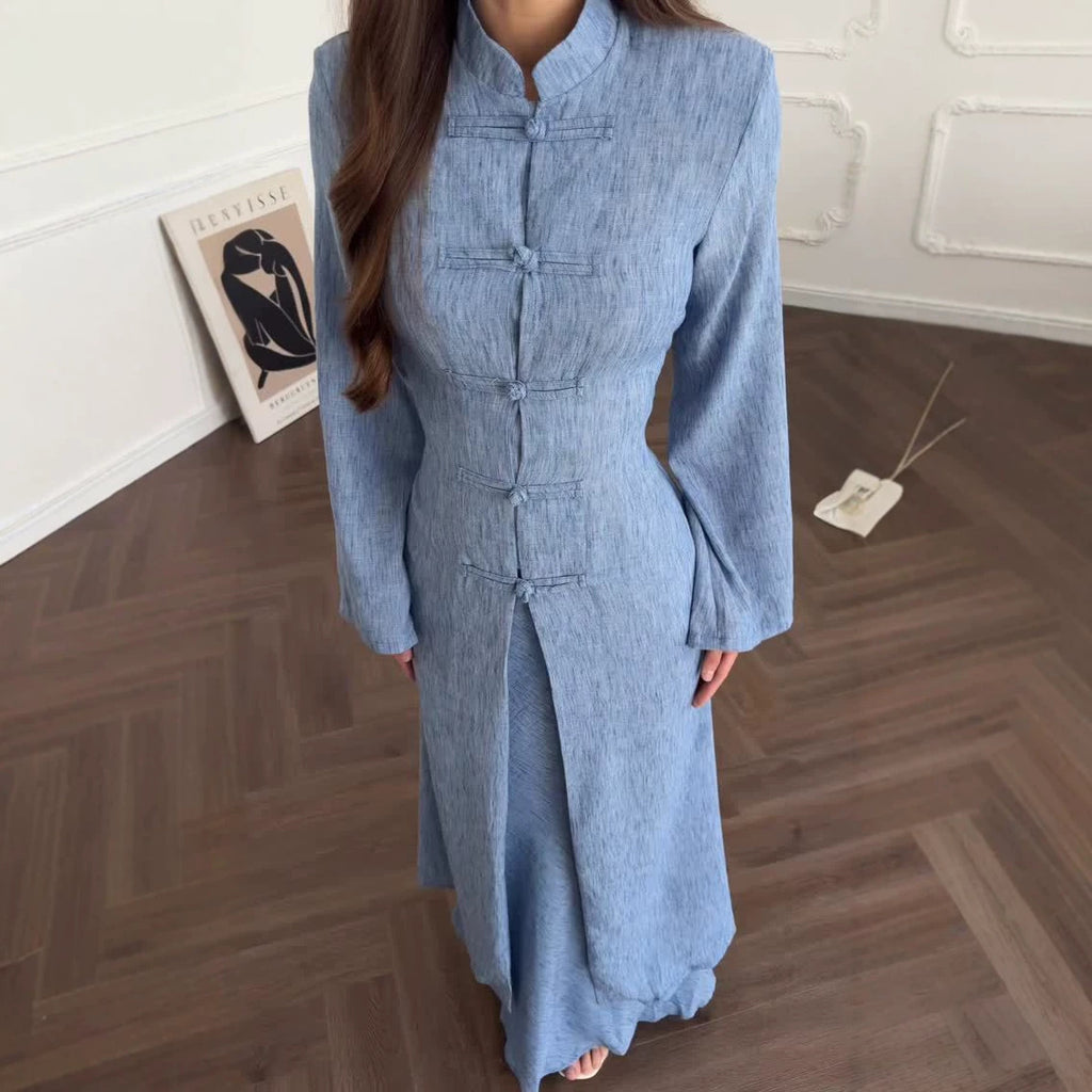 Elegant Traditional Frog Button Long Coat and Skirt Set