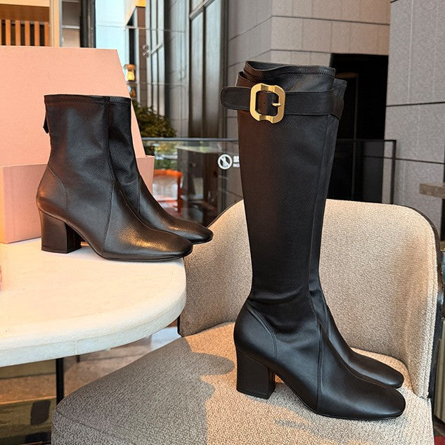 Gold-Button Block-Heel Boots