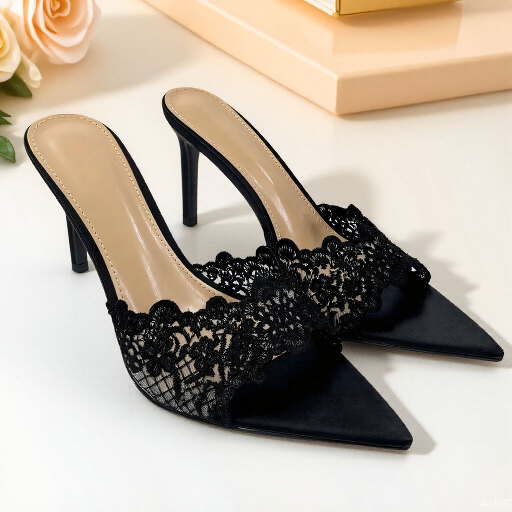 Lace Detail Pointed-Toe Mules