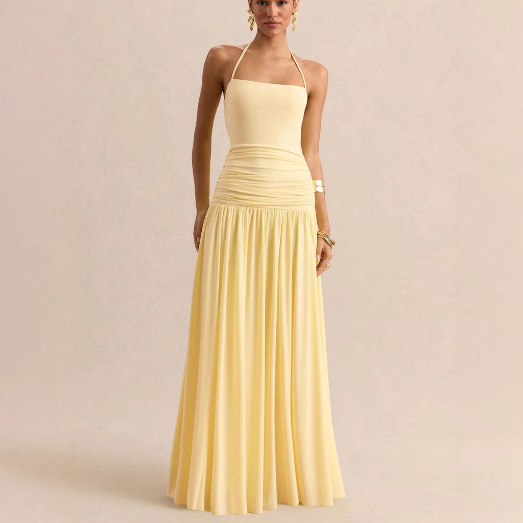 Strapless Pleated Maxi Dress - Light Yellow