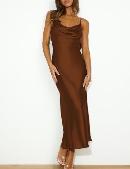 Elegant Satin Cowl Neck Slip Maxi Dress,