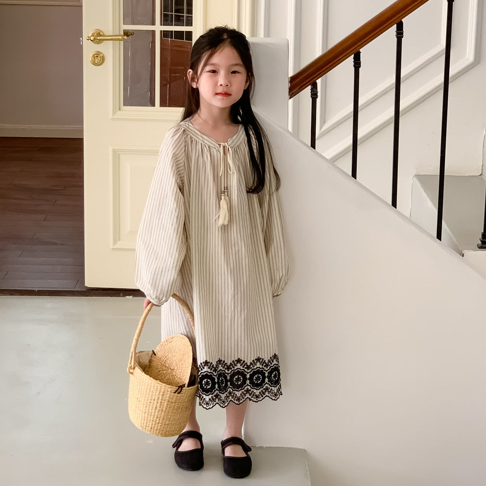 Girls' Striped Tie-Waist Embroidered Skirt