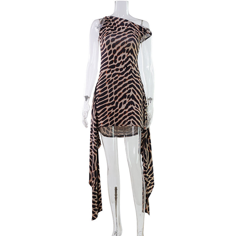 Leopard Print Off Shoulder Asymmetrical Mini Dress