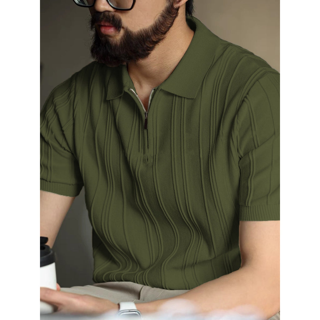 Ribbed Quarter Zip Knit Polo