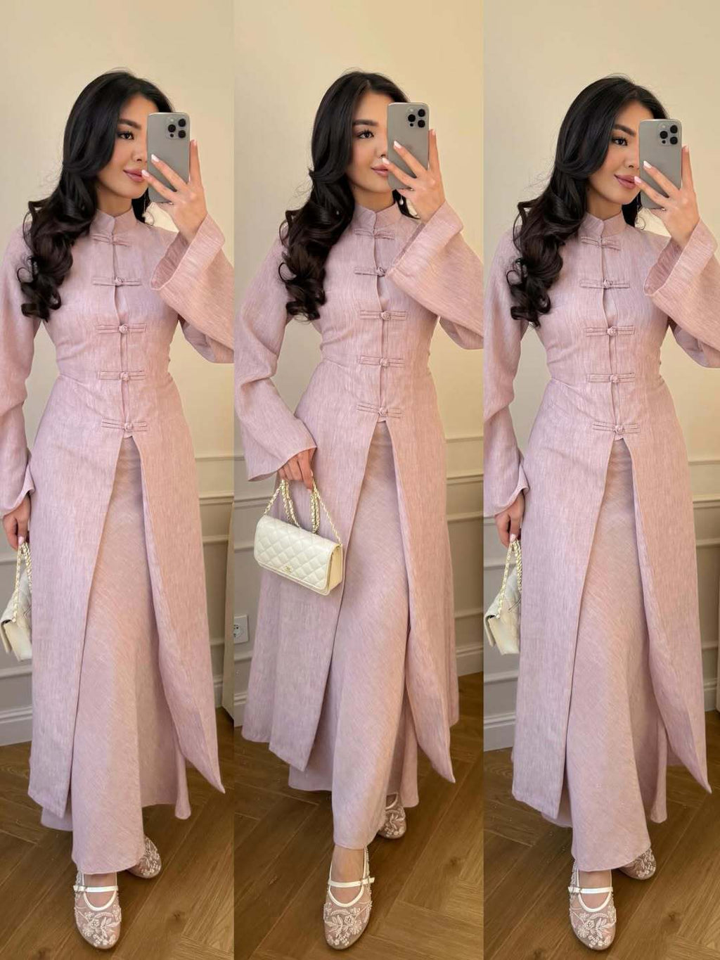 Elegant Traditional Frog Button Long Coat and Skirt Set