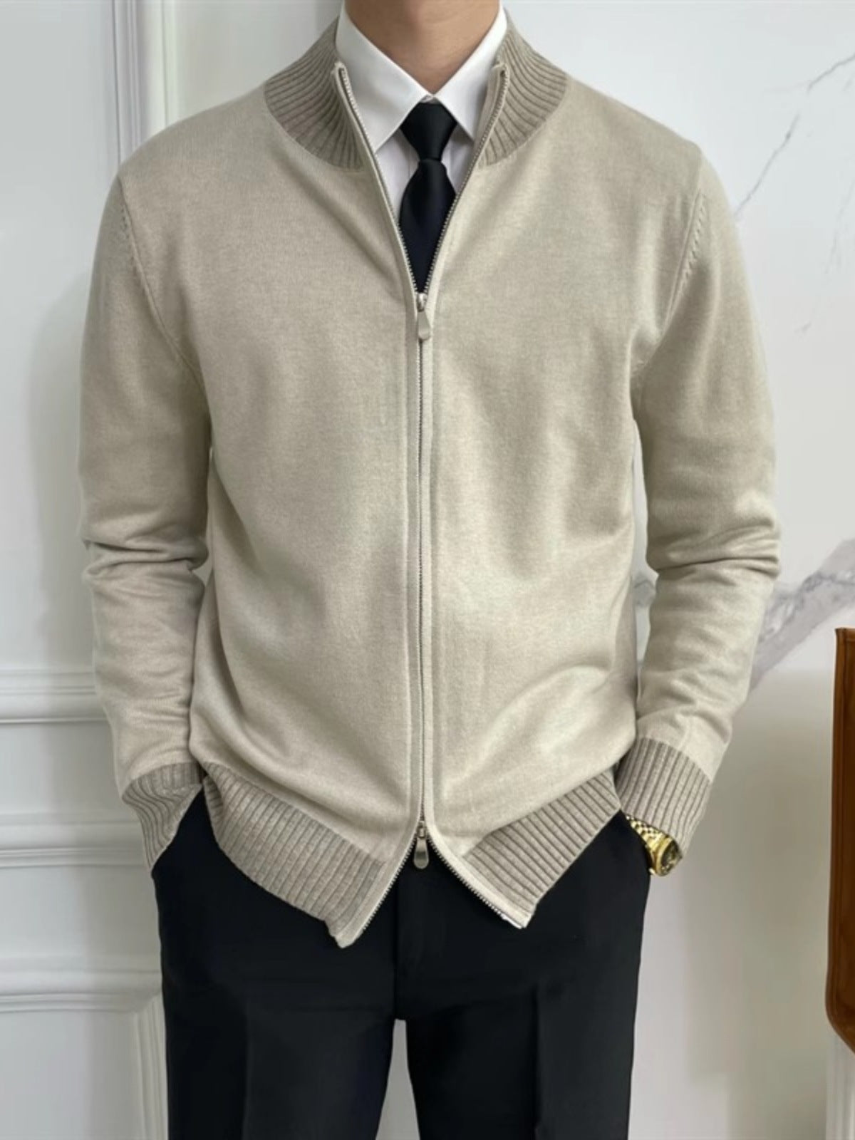 Men's Two-Way Zip Mock-Neck Knit Cardigan