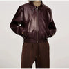 Long-sleeved zippered leather jacket jacket - burgundy