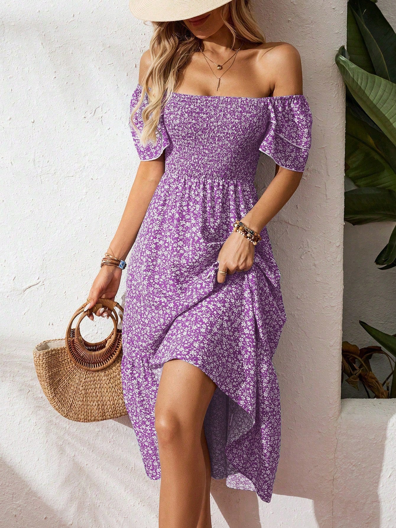 Floral Smocked Square-Neck Midi Dress