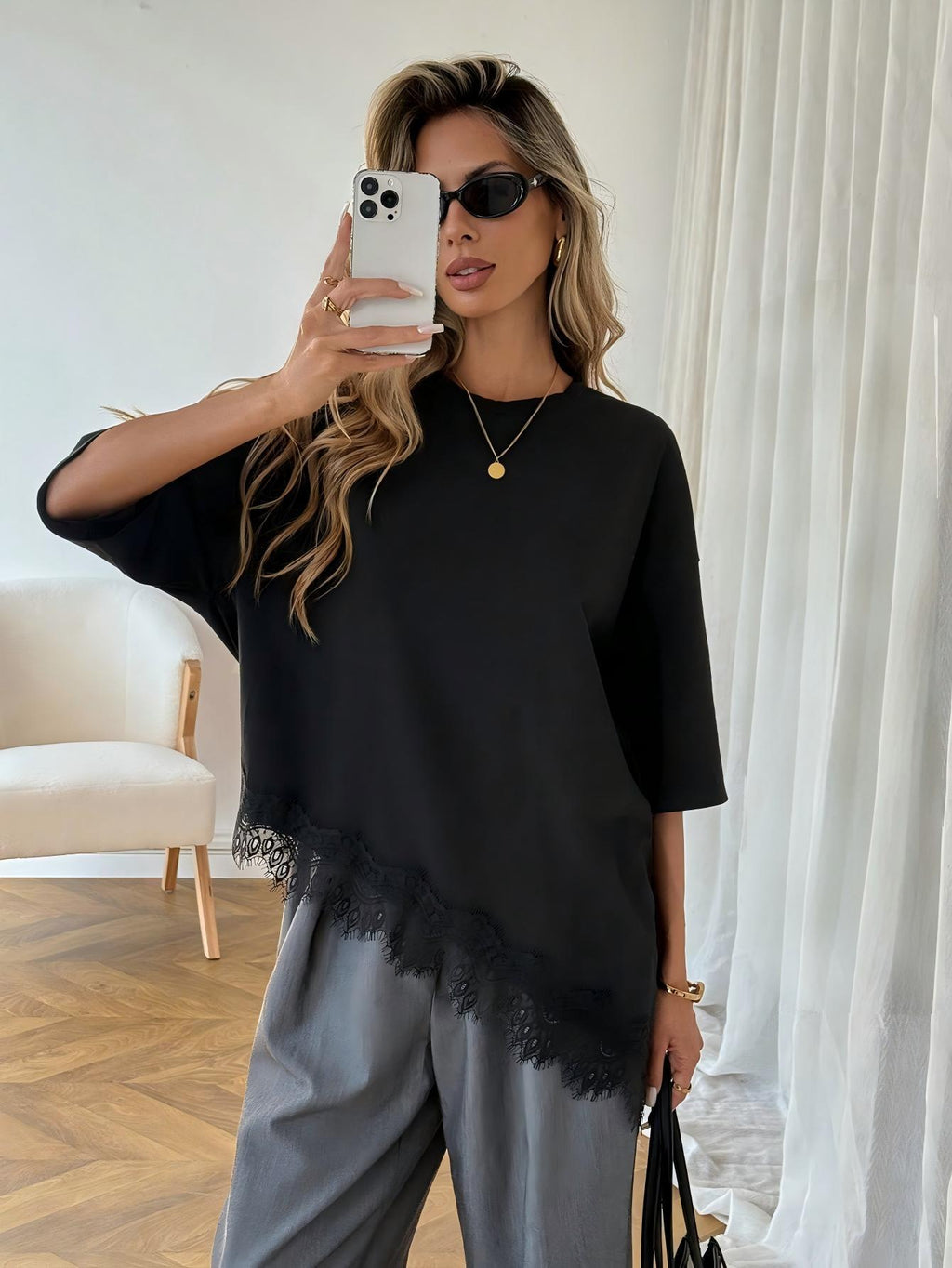 Premium Asymmetric Lace Hem Tee