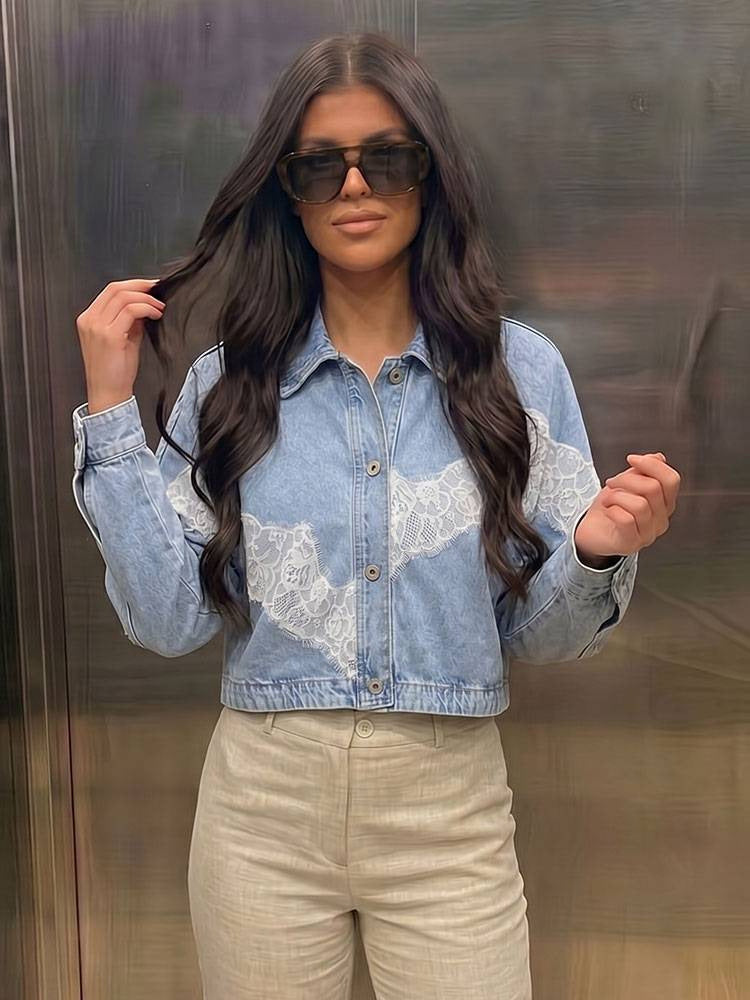 Women's Lace-Panel Cropped Denim Jacket
