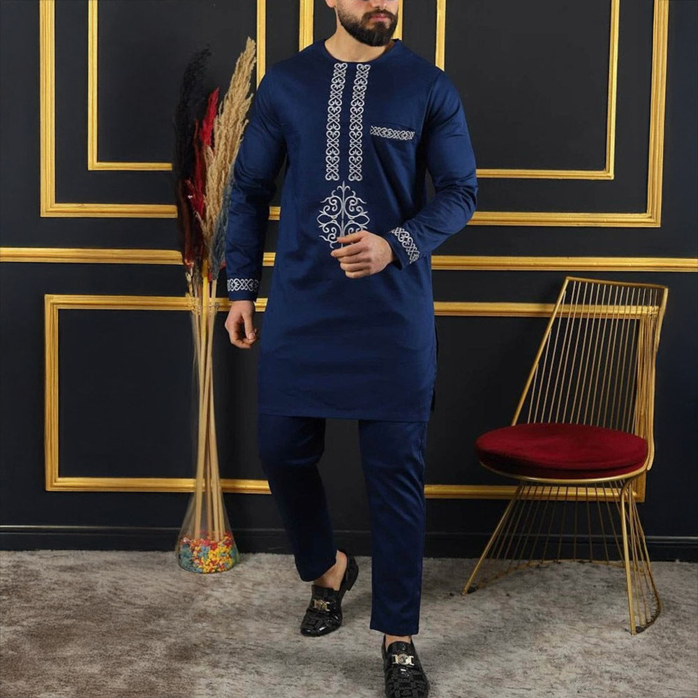 Traditional Muslim African Style Men Wedding New Suit 2 Piece Set Round Neck Long Sleeve Top Plus Pants Foreign Trade