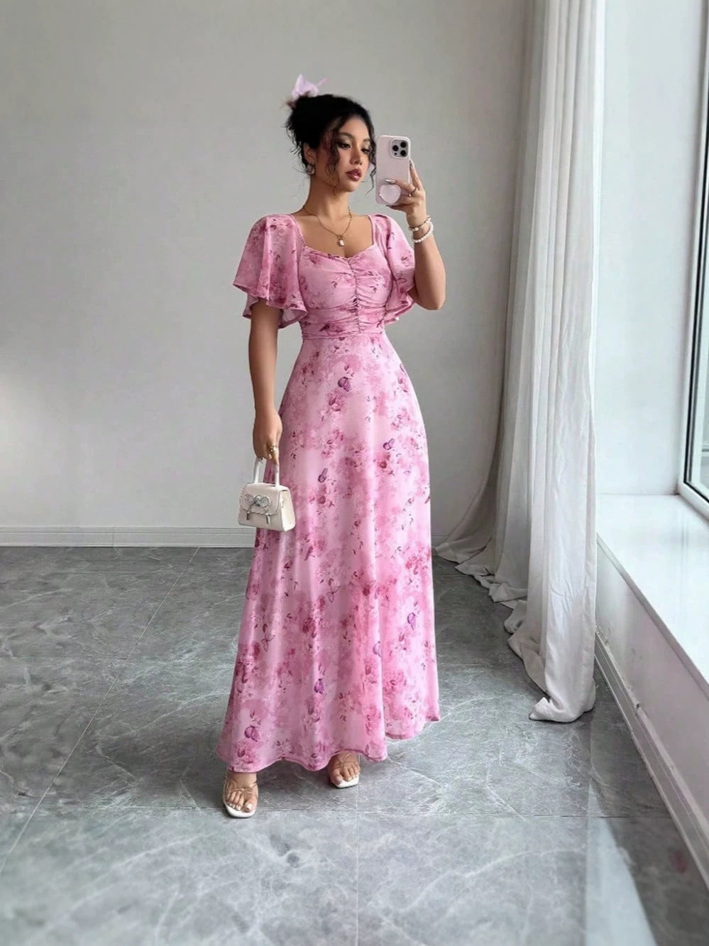 Floral Flutter-Sleeve Maxi Dress - Pink