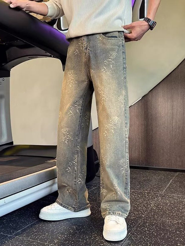 Distressed Jacquard Straight-Leg Jeans