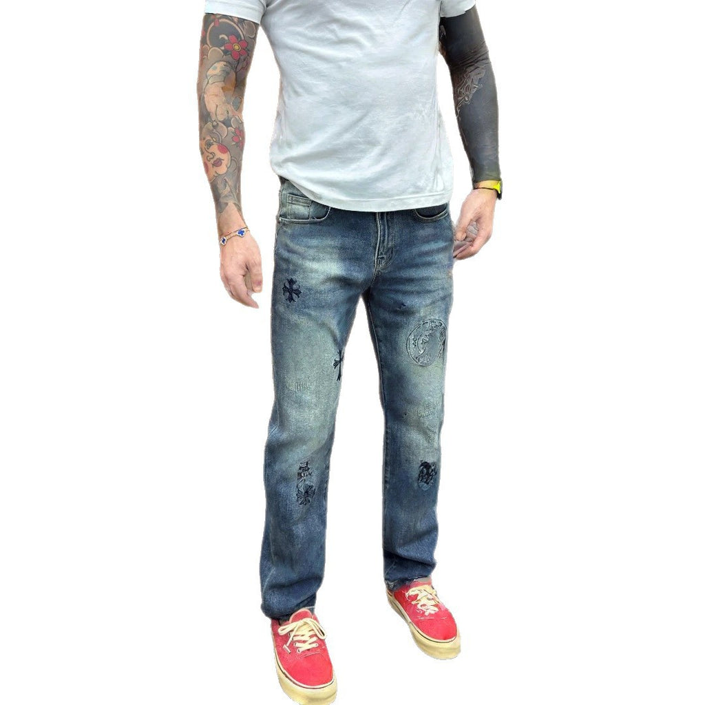 Embroidered Patchwork Straight-Leg Jeans