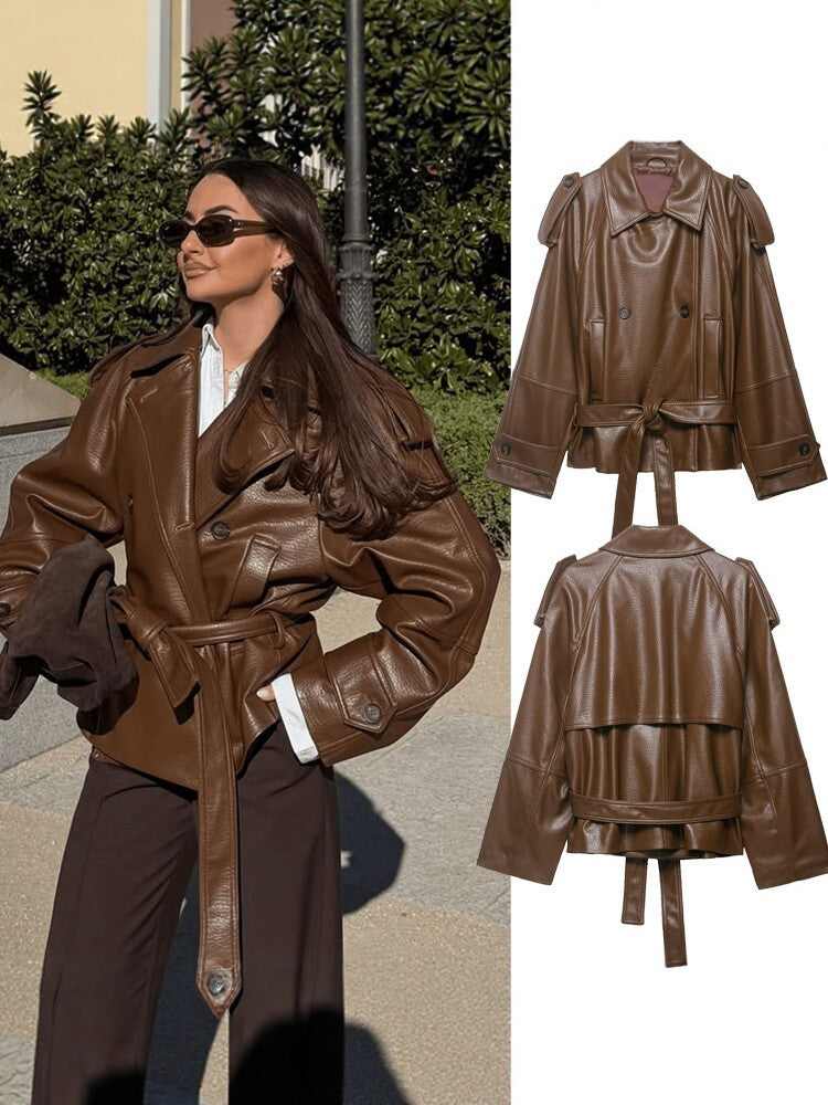 Women's Belted Faux Leather Moto Jacket