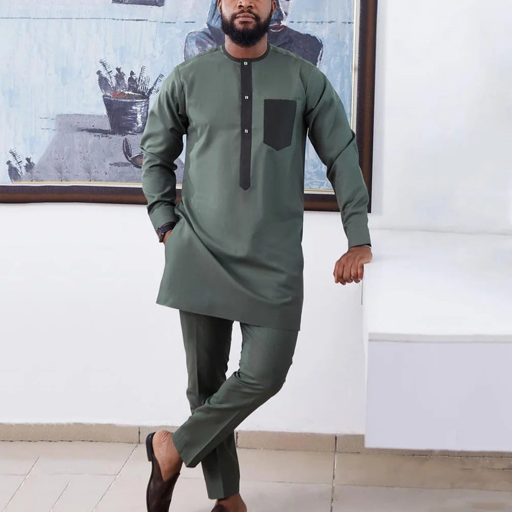 Traditional Muslim African Style Men Wedding New Suit 2 Piece Set Round Neck Long Sleeve Top Plus Pants Foreign Trade
