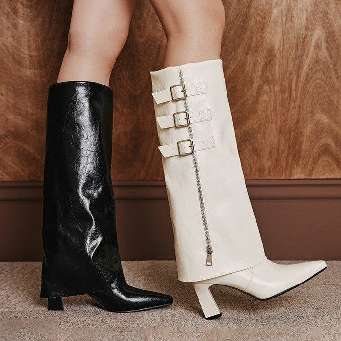 Pleated Pointed Toe Knee-High Boots