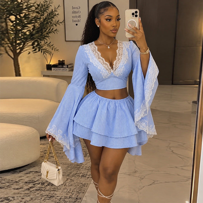 Lace Flare-Sleeve Top & Striped Skirt Set