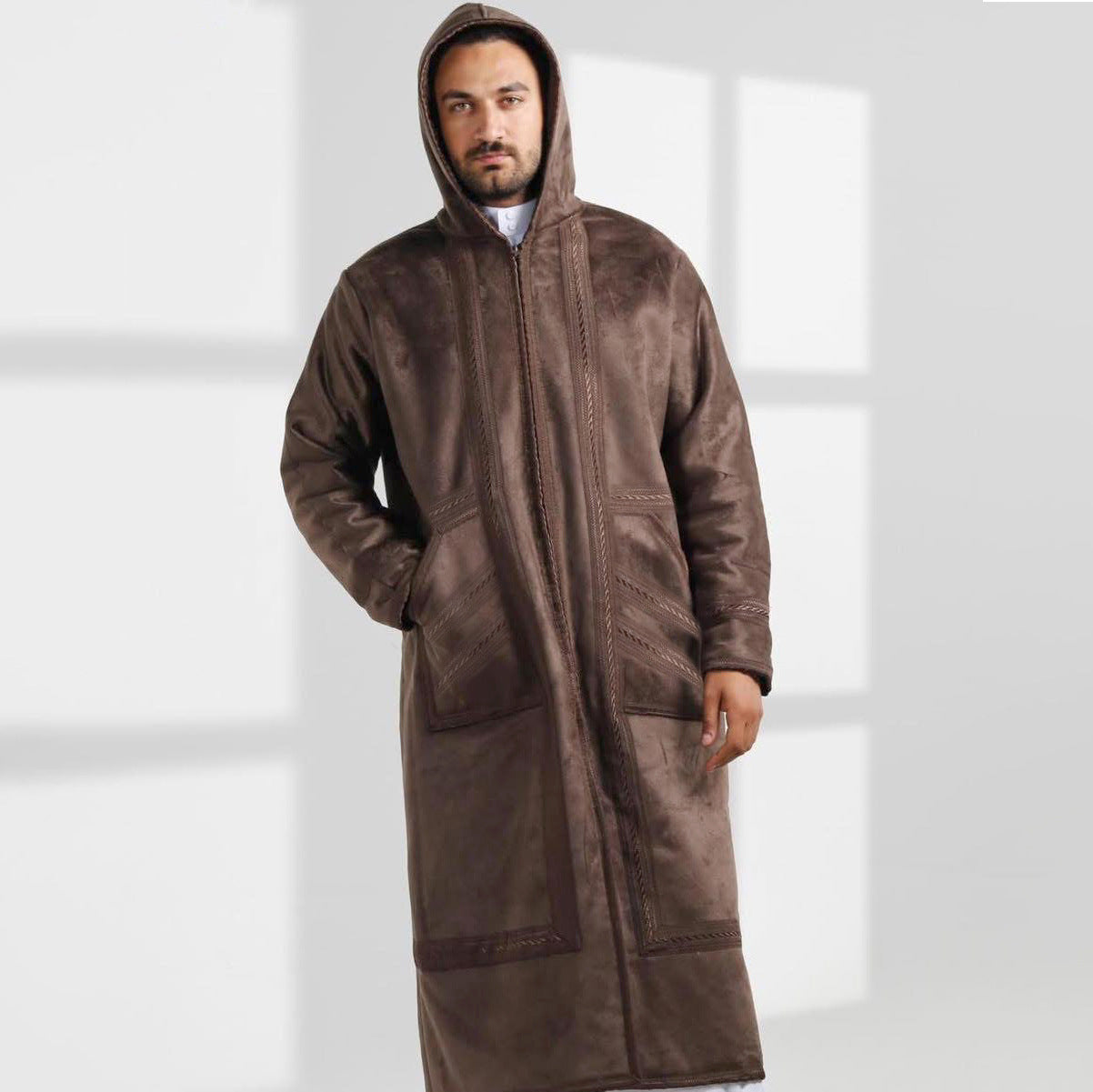 Premium Faux Suede Hooded Thobe Overcoat