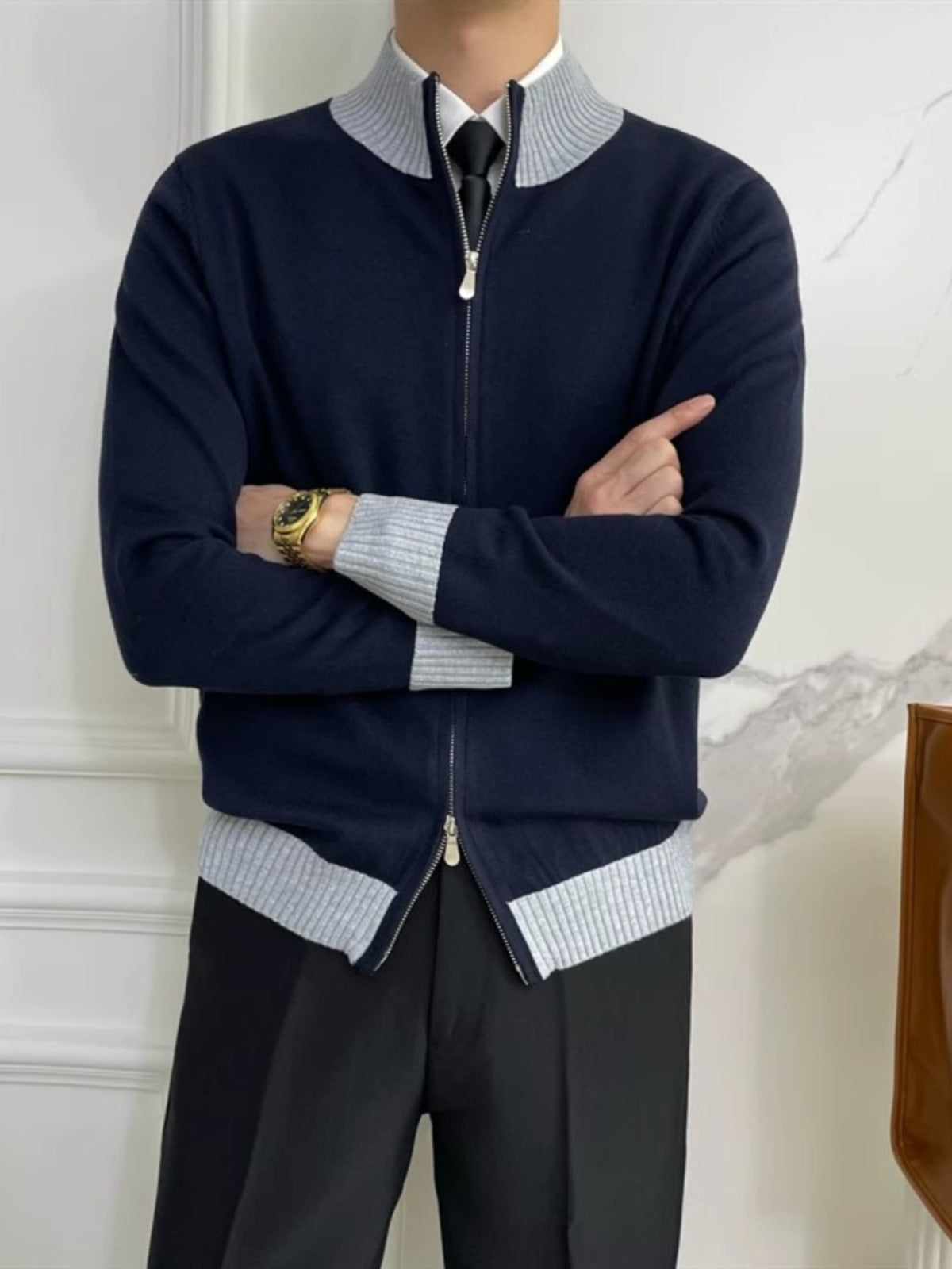 Men's Two-Way Zip Mock-Neck Knit Cardigan