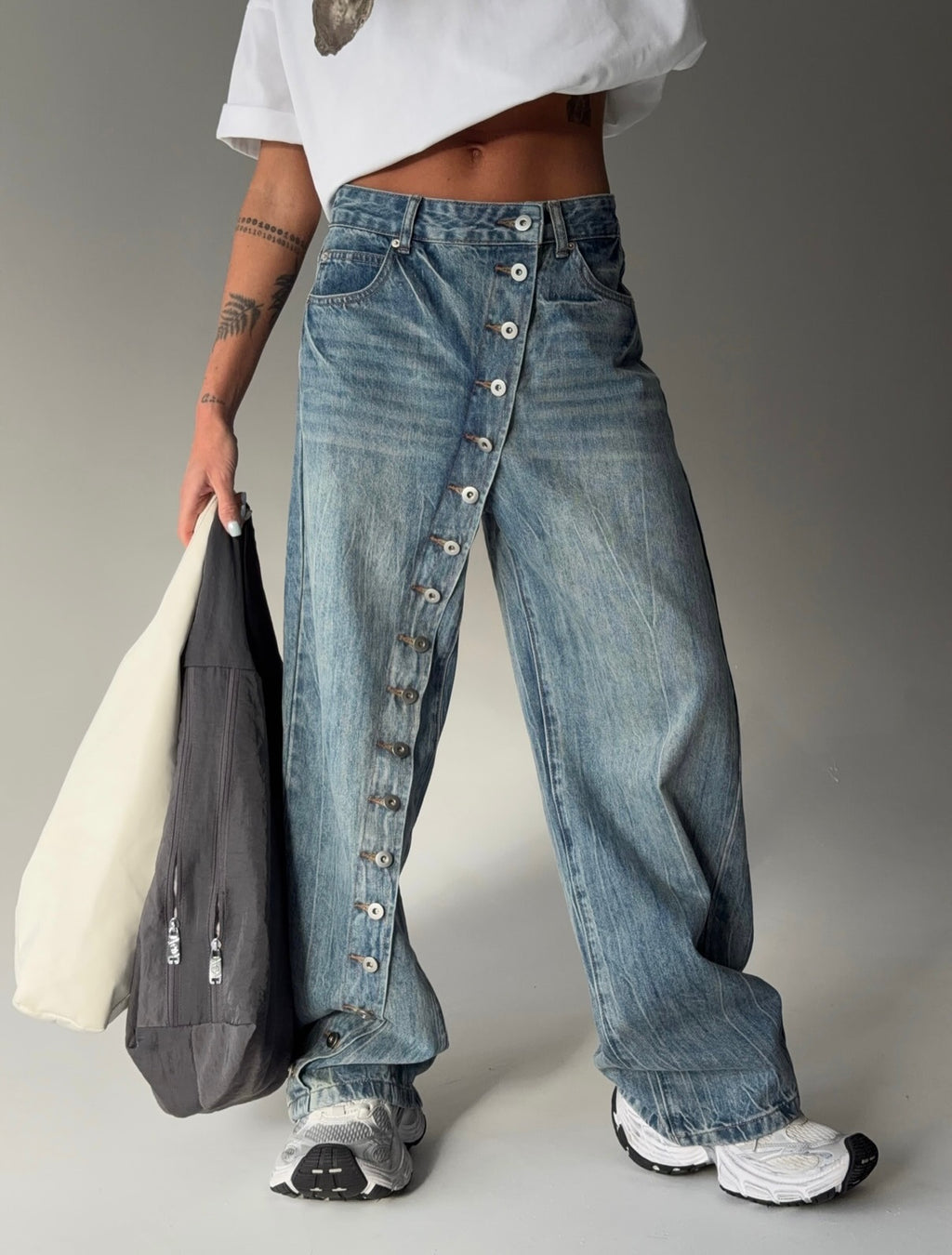 Asymmetrical Button Fly Wide Leg Jeans