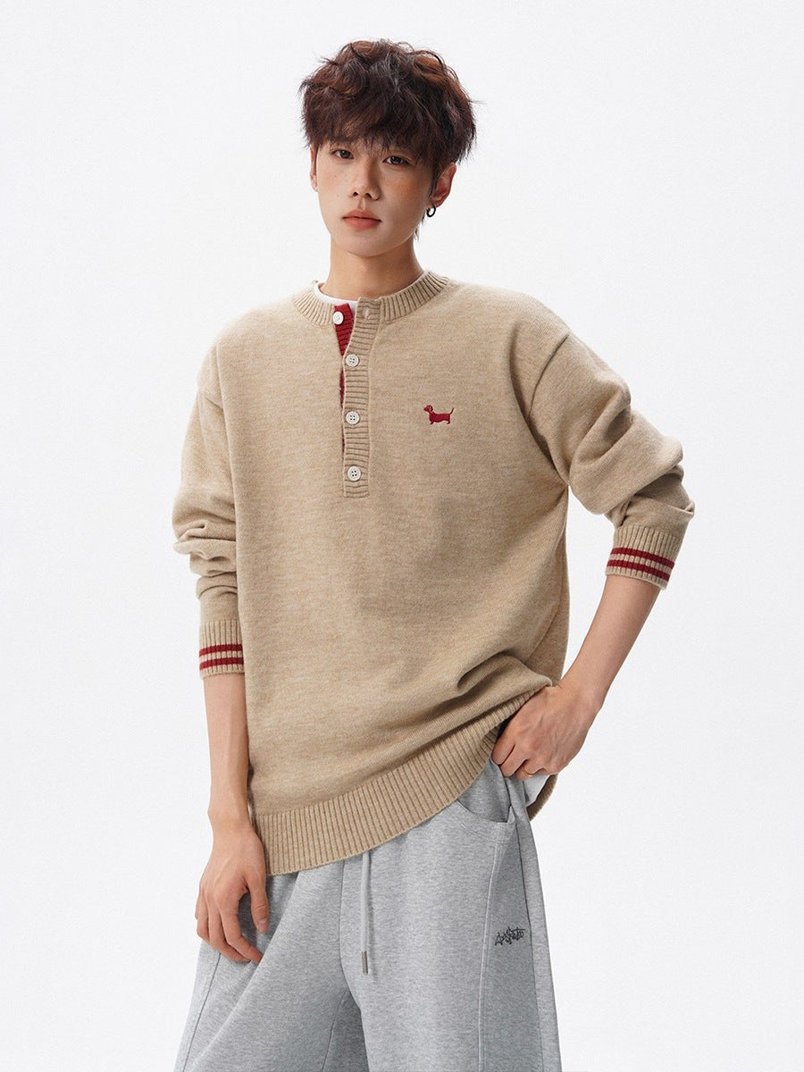 Embroidered Henley Knit Sweater