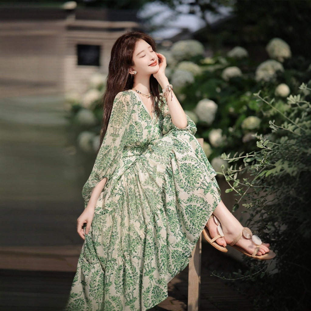 Green Floral V-Neck Maxi Dress