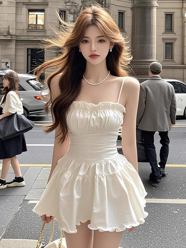 White Pleated Lace Slip Dress