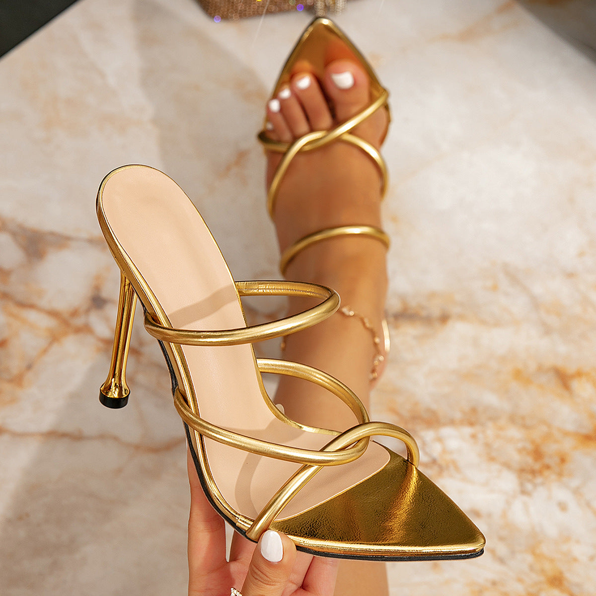 Gold Strappy Stiletto Sandals