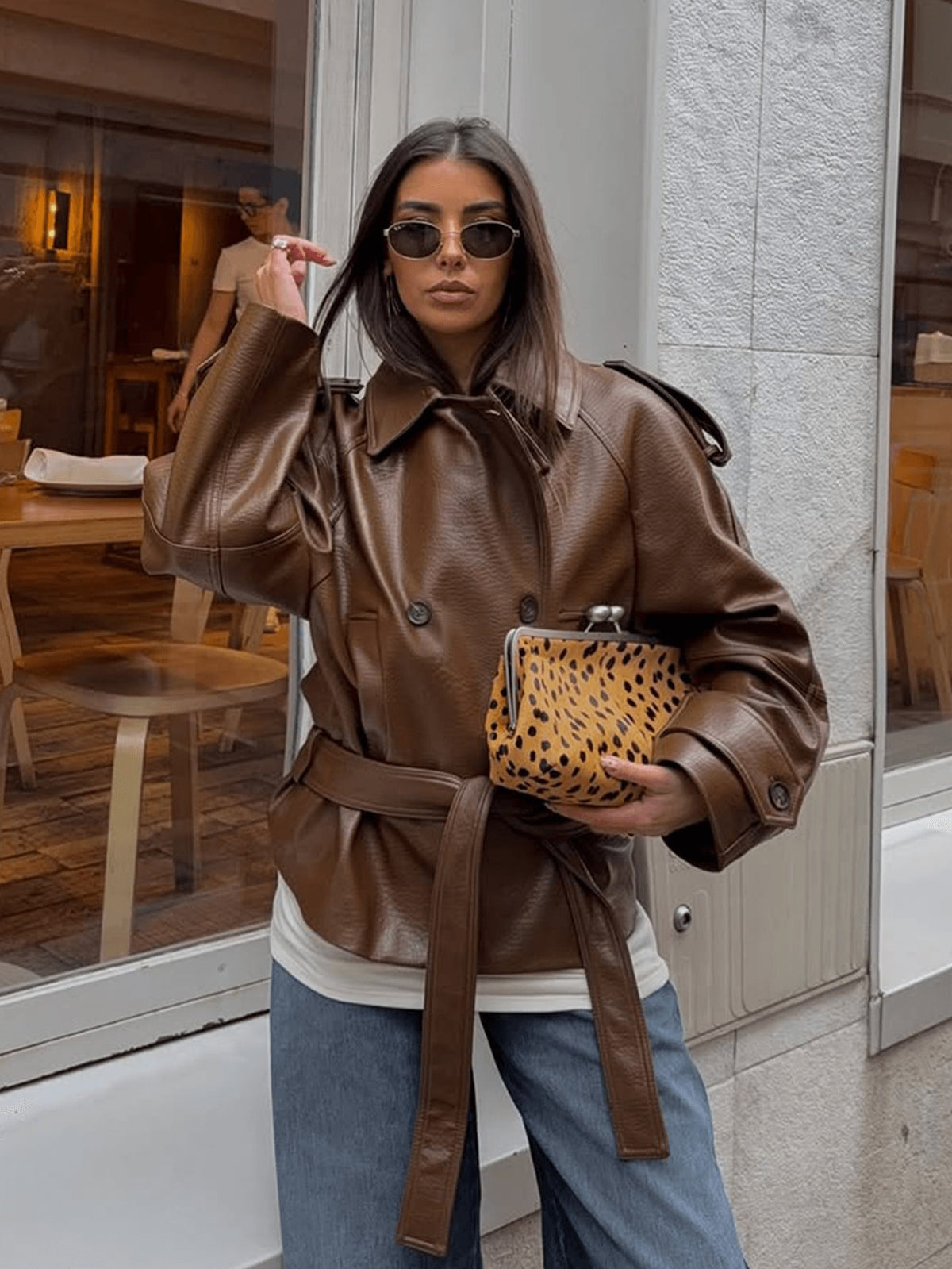 Women's Belted Faux Leather Moto Jacket