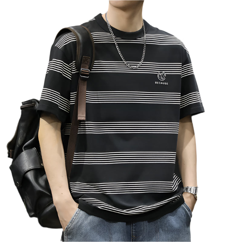 Black striped short sleeve t-shirt men's clothes summer 2025 new loose plus size trendy brand men's heavy body shirt