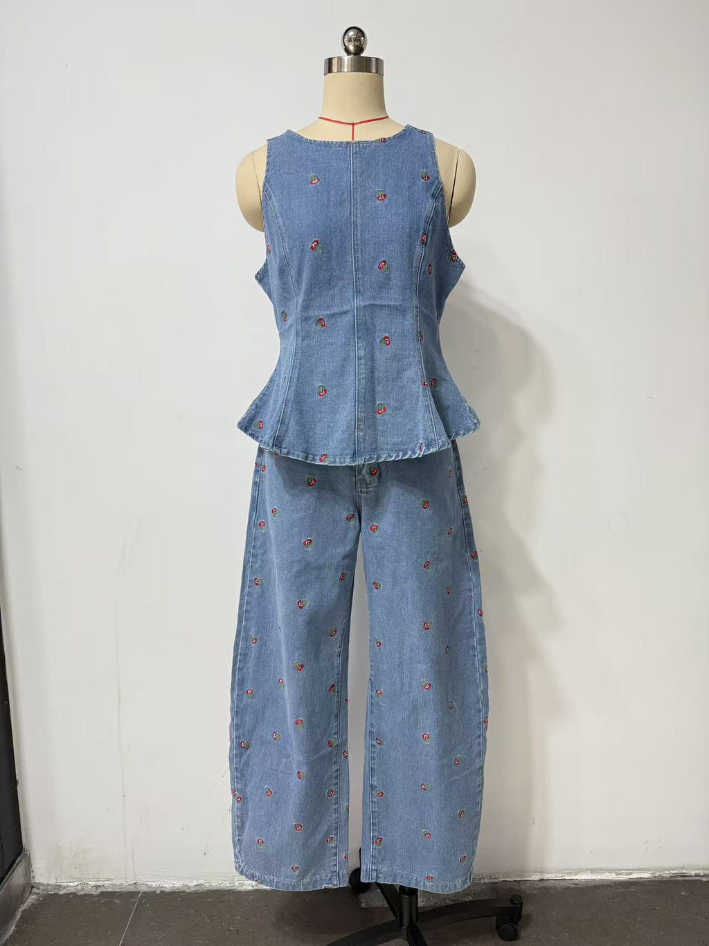 Cherry Print Denim Peplum Top and Wide Leg Pants Set