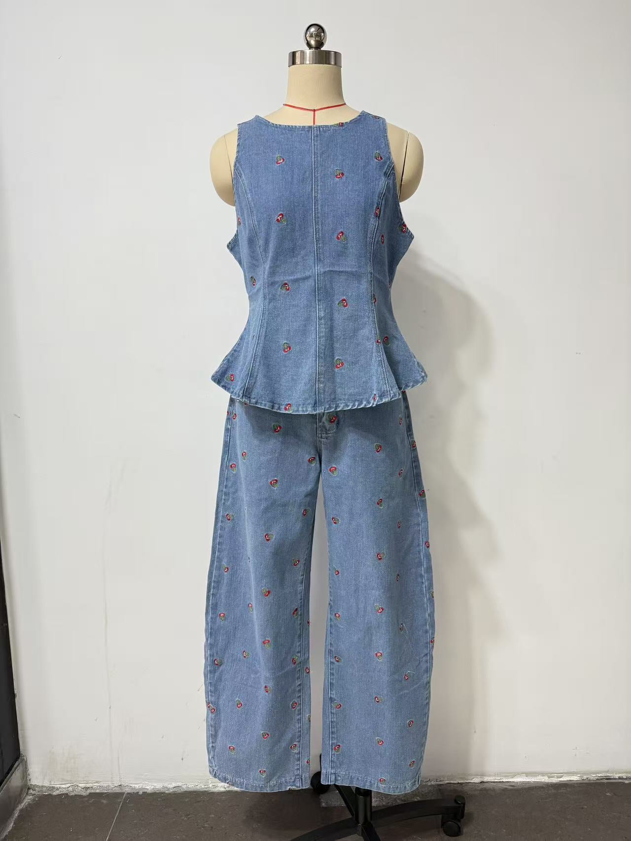 Cherry Print Denim Peplum Top and Wide Leg Pants Set
