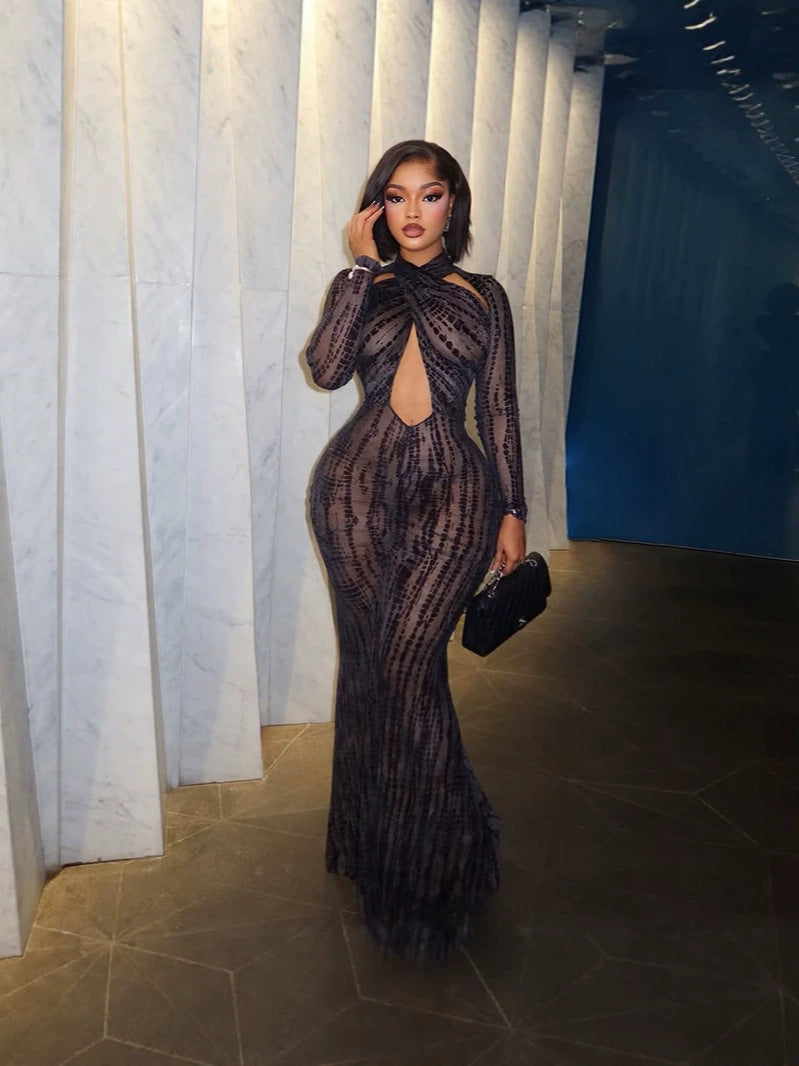 Long-Sleeve Halter Dress