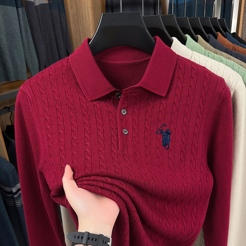 Embroidered Cable-Knit Polo Sweater