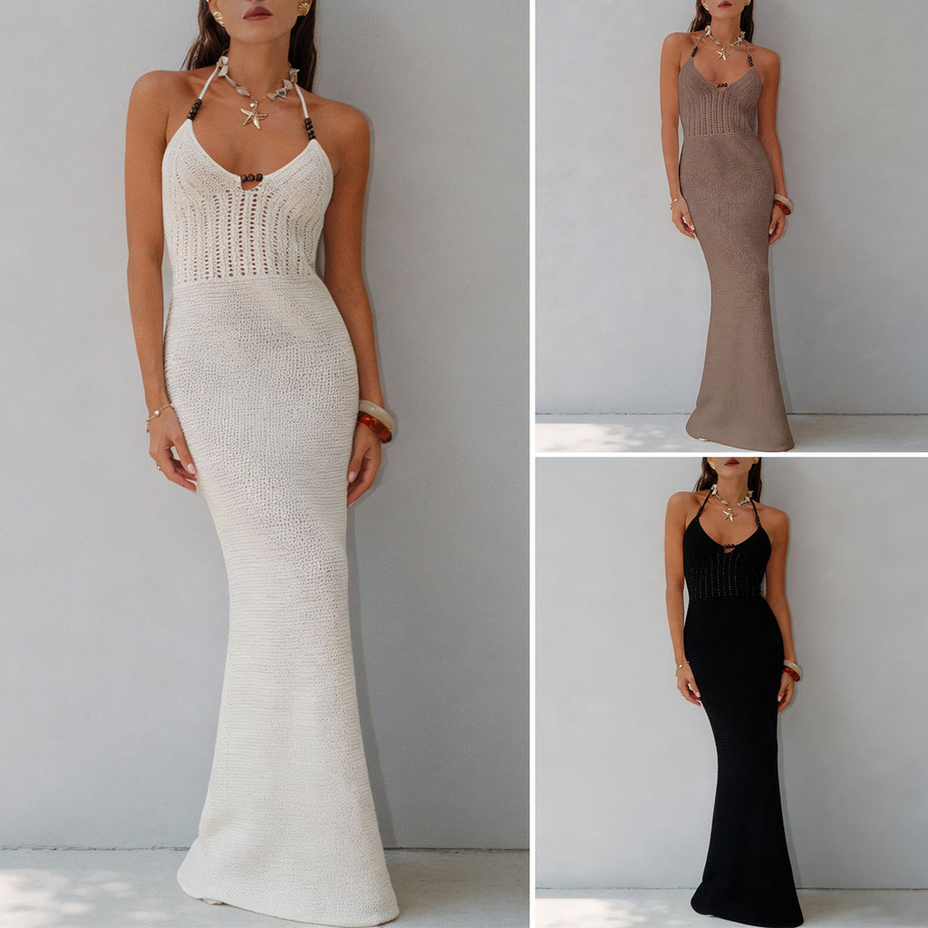 Beaded Halter Knit Maxi Dress