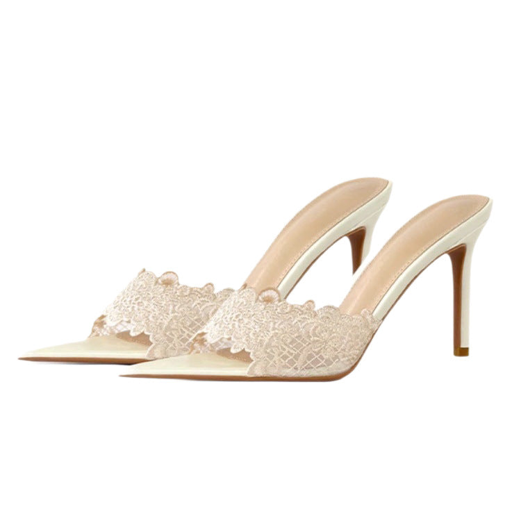 Lace Detail Pointed-Toe Mules