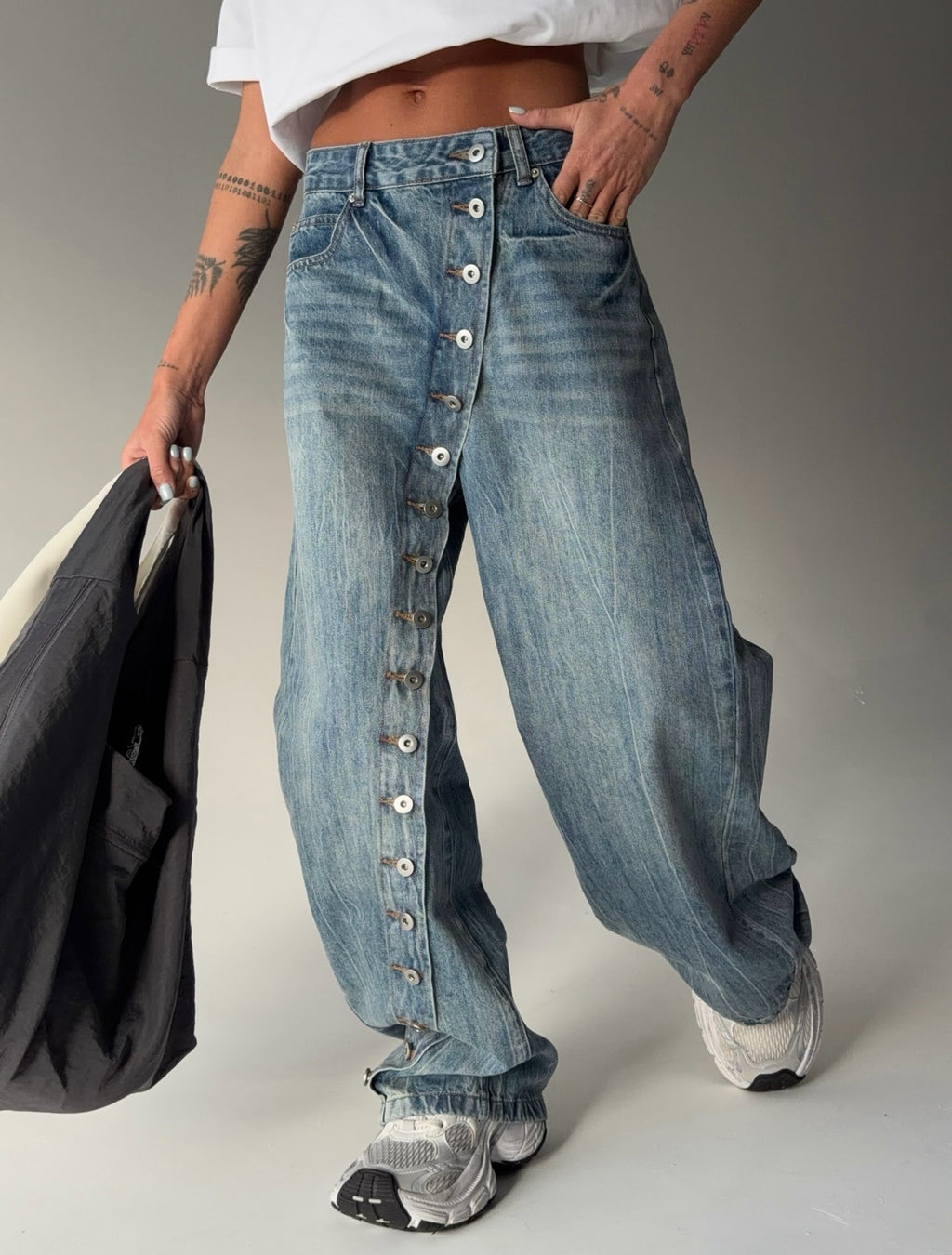 Asymmetrical Button Fly Wide Leg Jeans