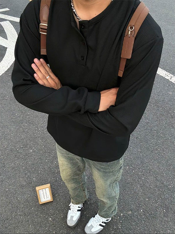 Ribbed Henley Long Sleeve T-Shirt