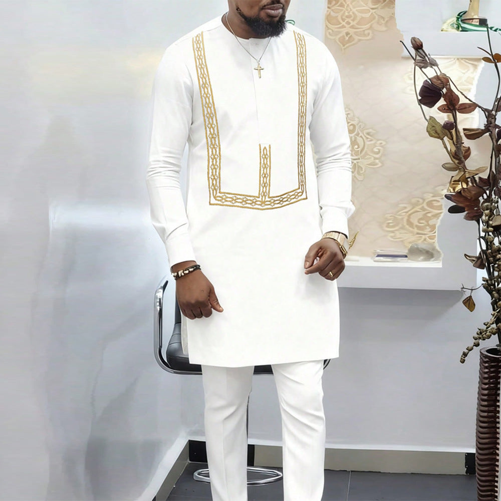 Traditional Muslim African Style Men Wedding New Suit 2 Piece Set Round Neck Long Sleeve Top Plus Pants Foreign Trade