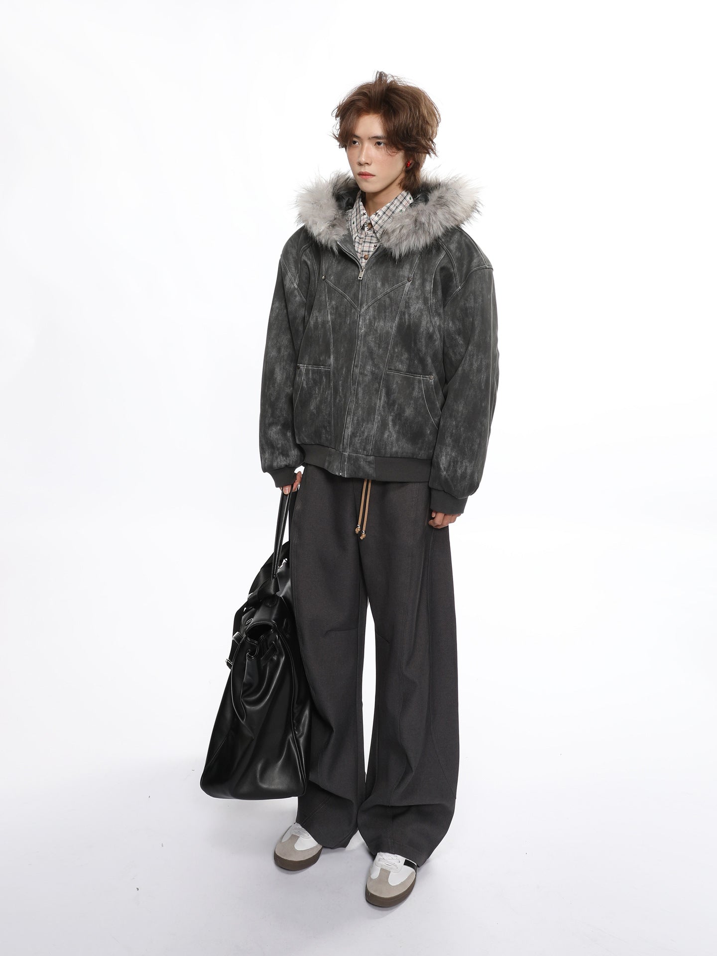 Faux-Fur Hooded Distressed Bomber