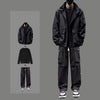 Black black hooded jacket + long black T + black pants