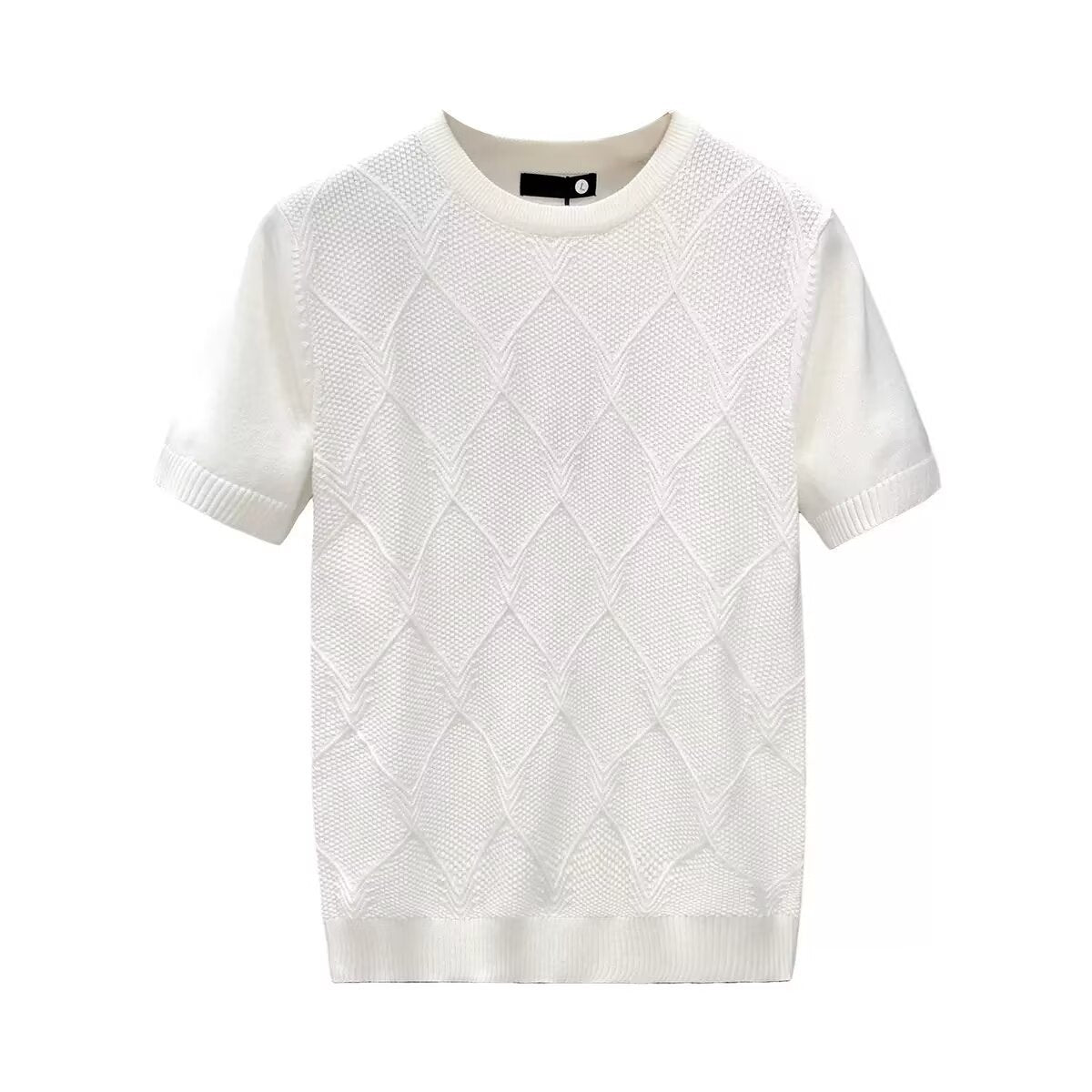 Diamond Checkered White Short-Sleeve Sweater