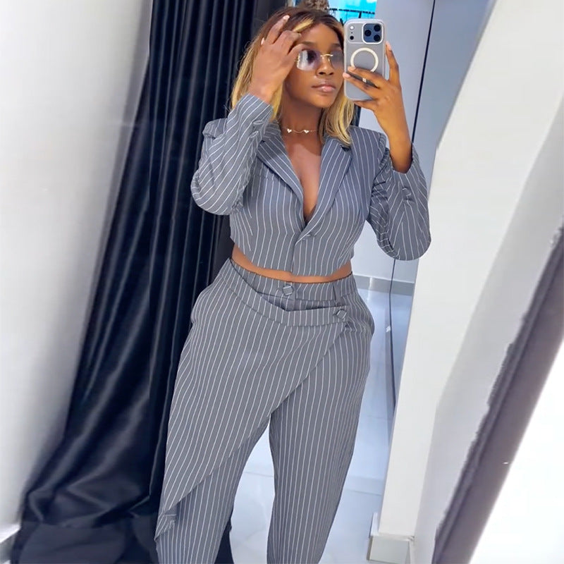 V-Neck Blazer & Striped Pants Set